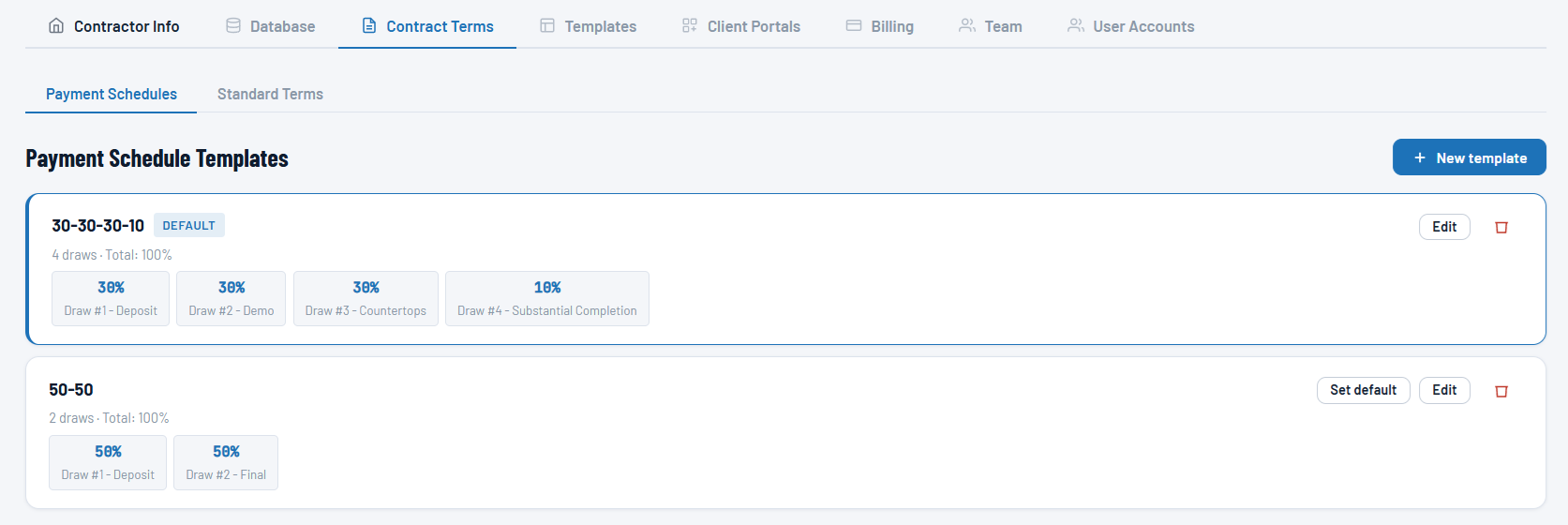 Payment schedule templates — 30-30-30-10 and 50-50 draw structures