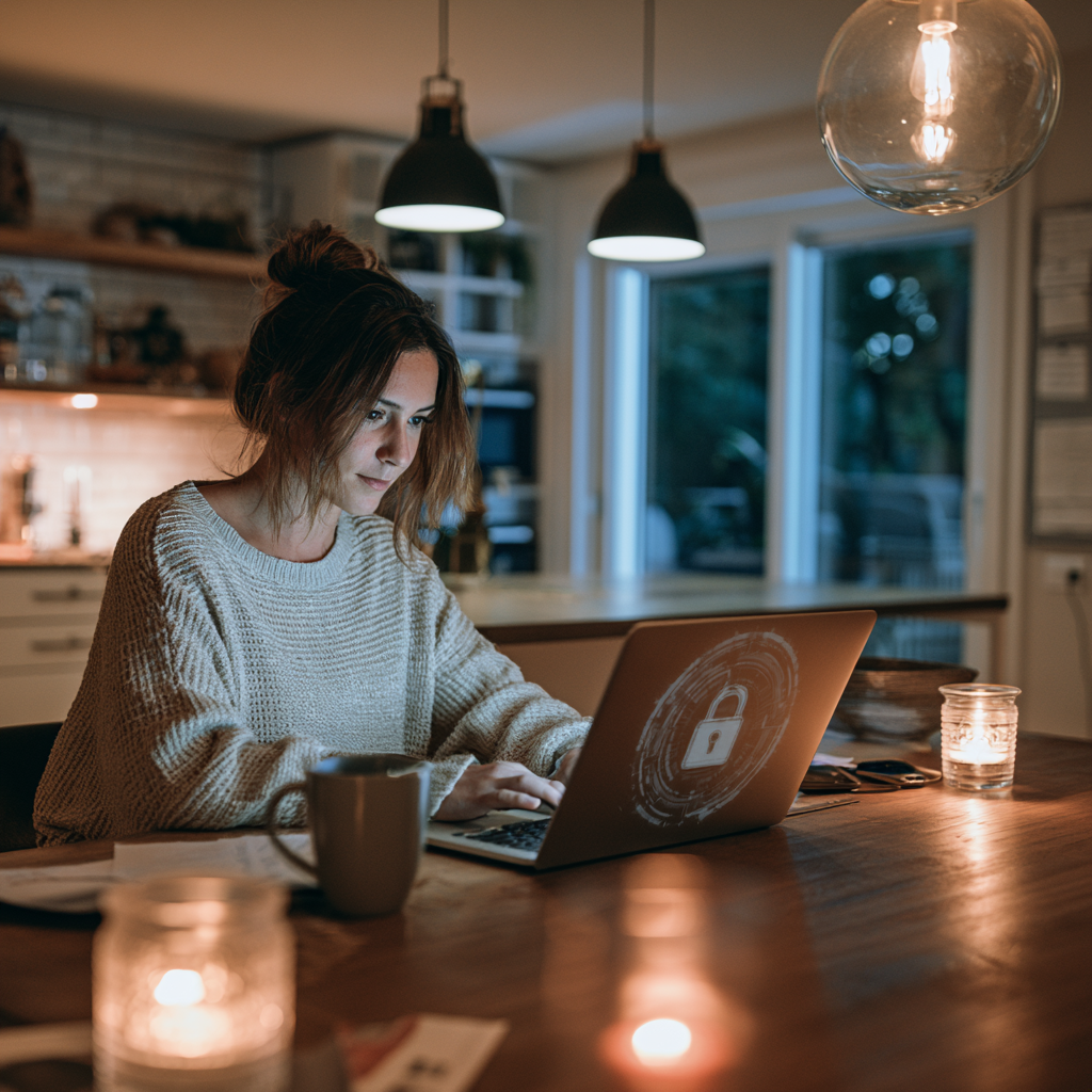 A homeowner reviewing their remodel estimate securely from a laptop at home in the evening