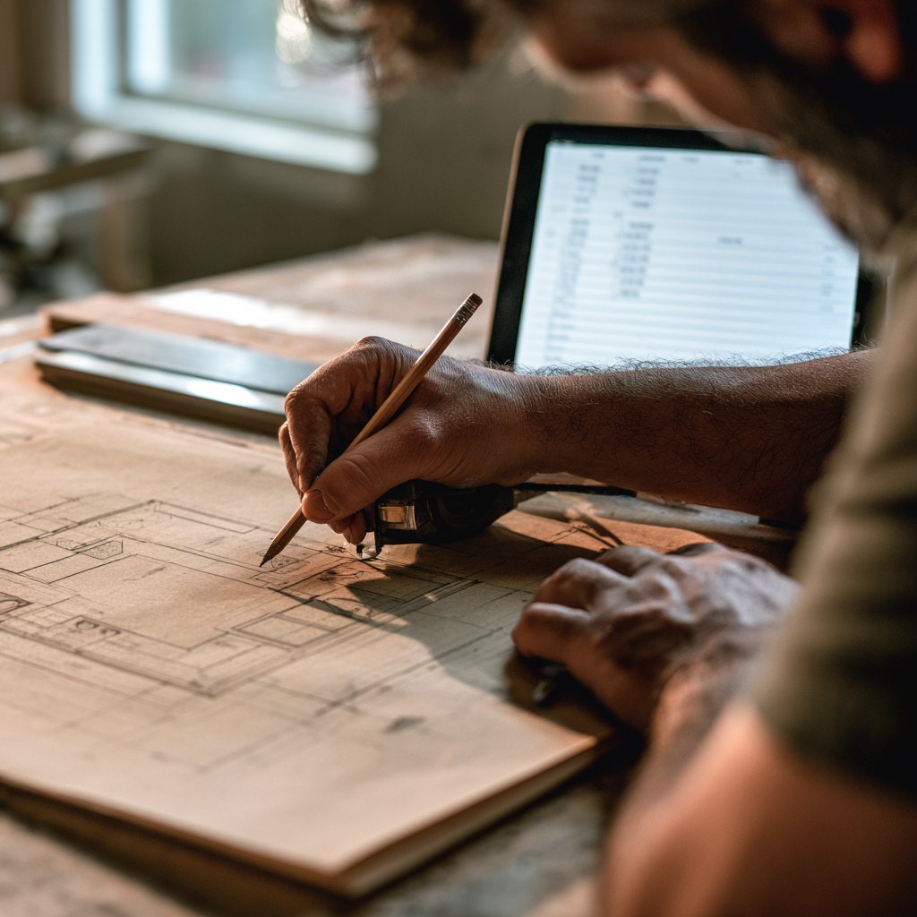 Measuring a room and sketching a floor plan that feeds line-item quantities directly into the estimate