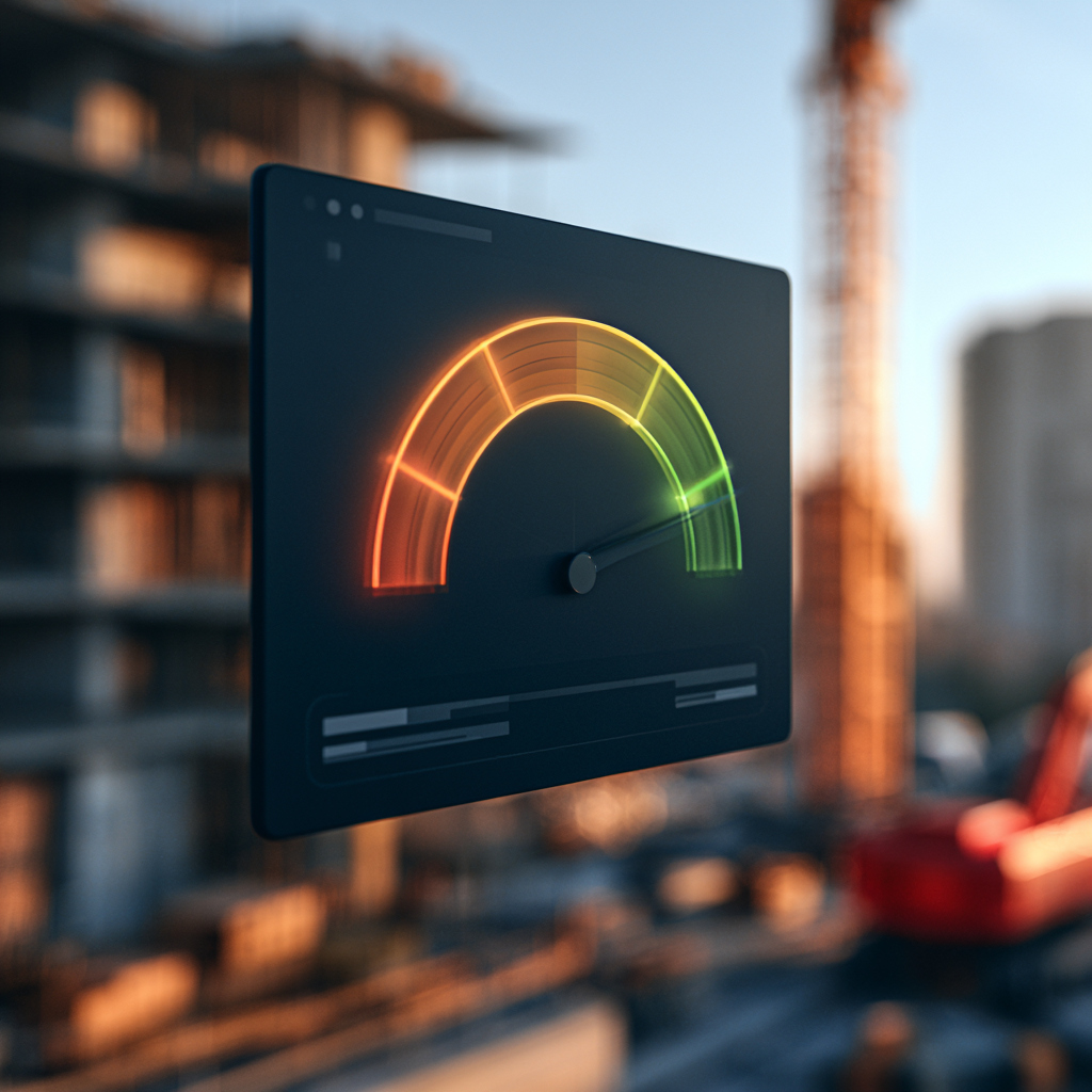 A gross margin gauge reading a healthy percentage, floating over a blurred jobsite