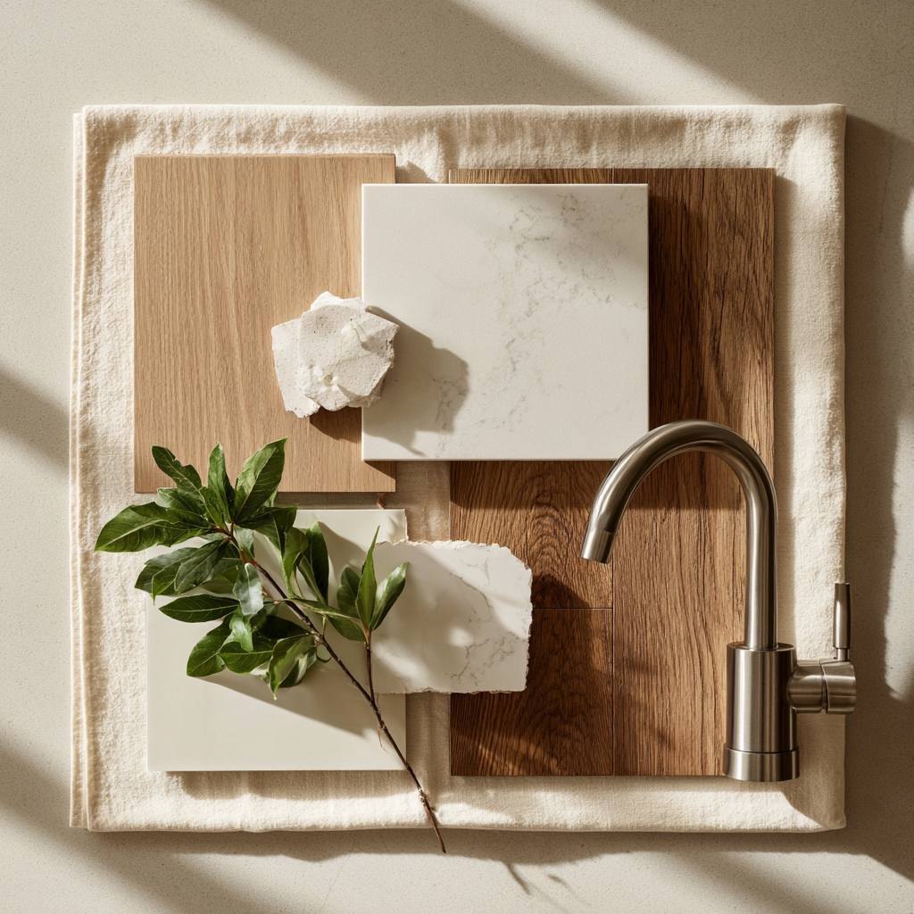 A material selection board — cabinet, countertop, tile, flooring, and fixture samples organized in one place