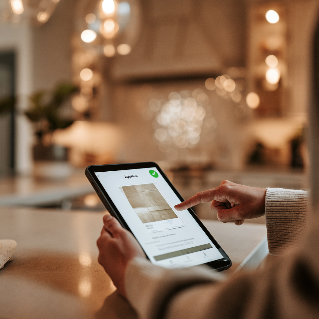A homeowner approving a tile selection from a tablet in their kitchen